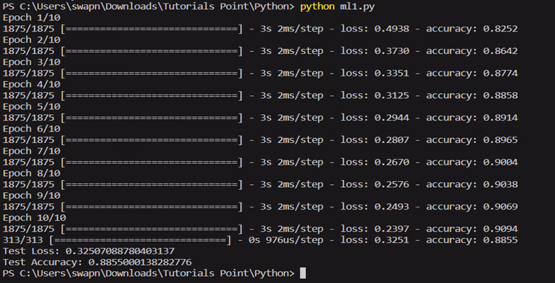 Terminal output of Fashion MNIST model training and evaluation