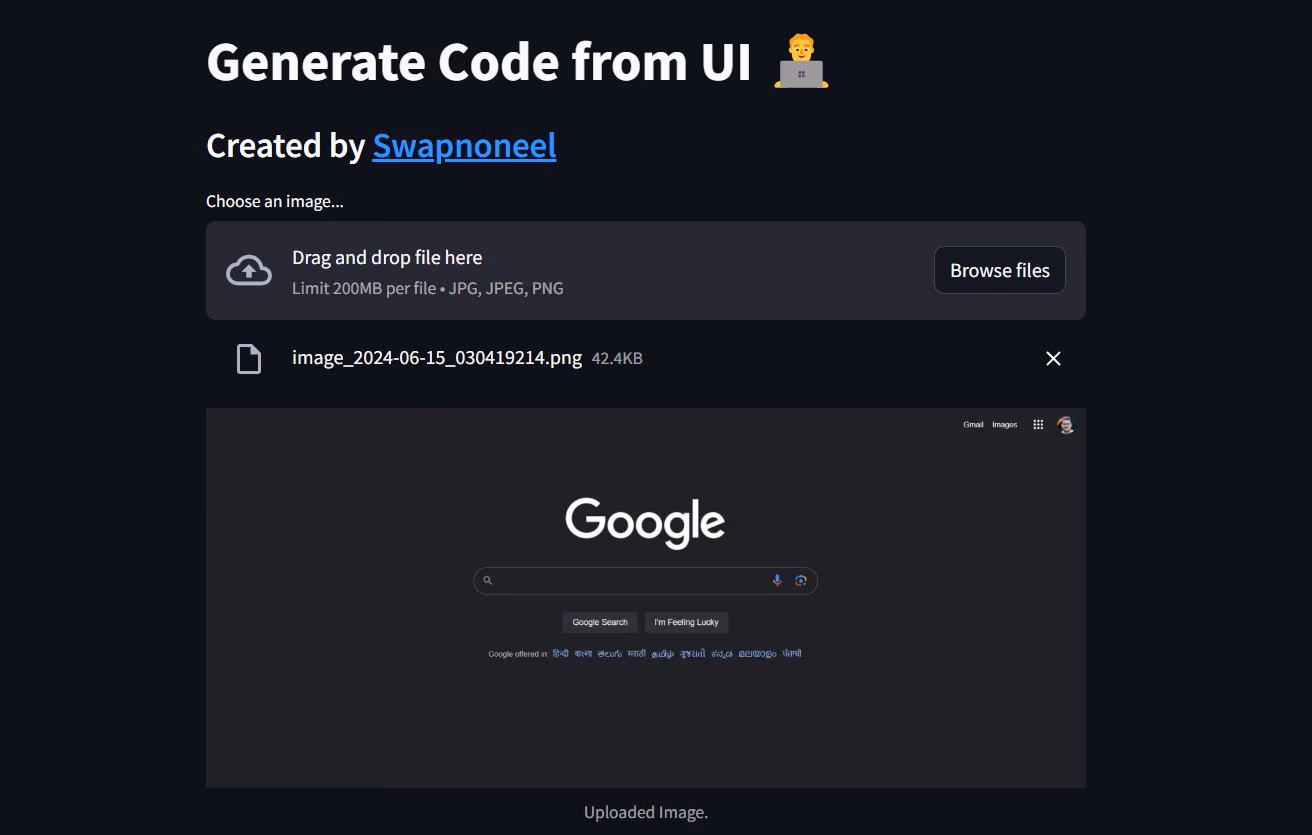 UI to Code Streamlit app preview