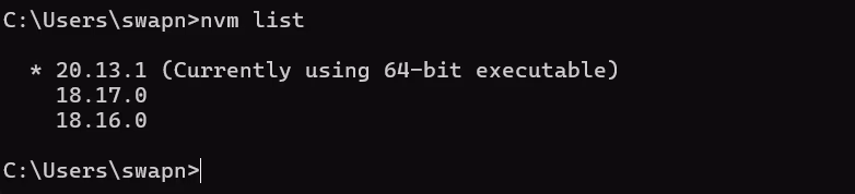 Terminal output of nvm list showing installed Node versions