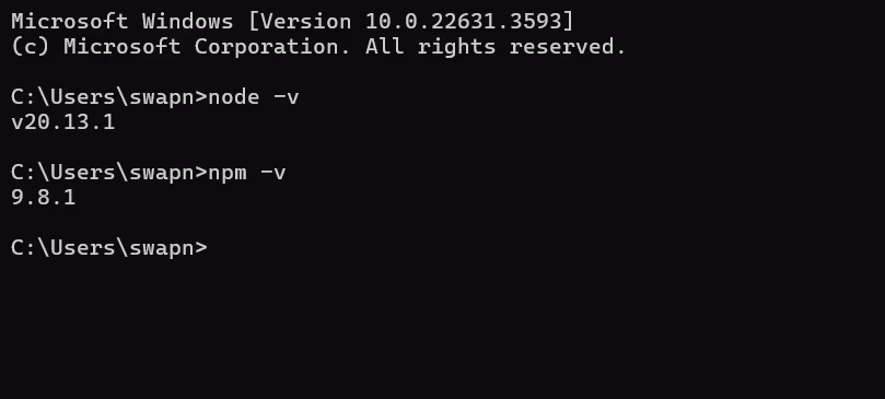 Terminal verification of node and npm versions