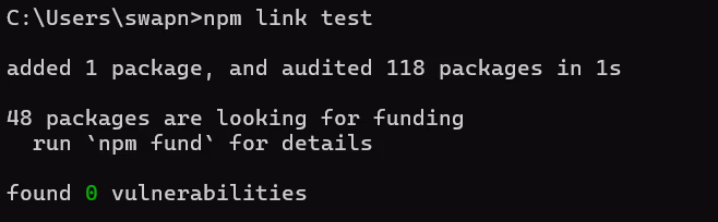 Terminal output of npm link command testing package locally