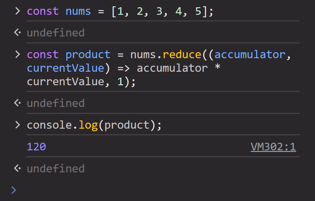 Browser console output of JavaScript reduce() function