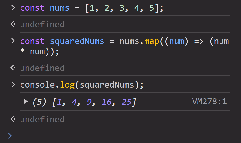 Browser console output of JavaScript map() function