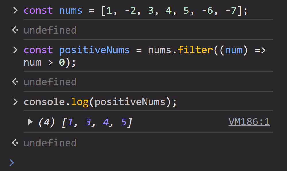 Browser console output of JavaScript filter() function