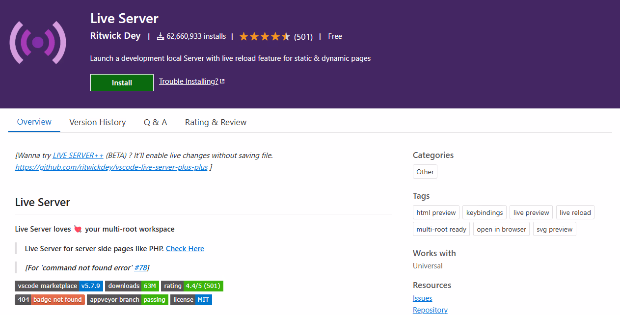 Live Server local development preview extension