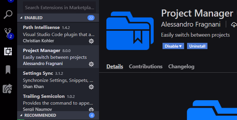 Project Manager extension for switching projects
