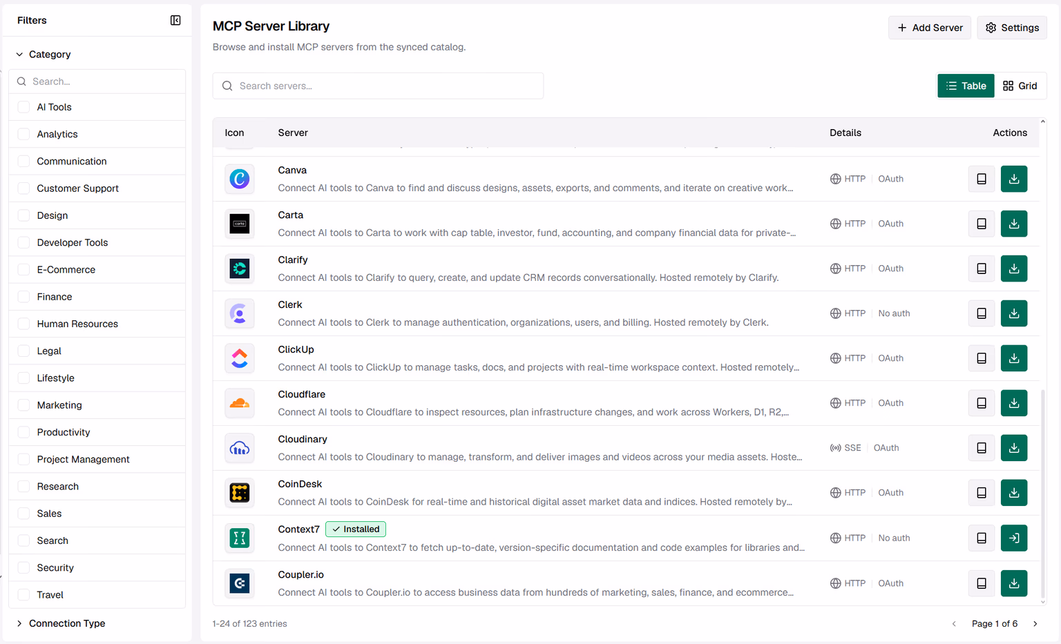 The Bifrost MCP Server Library showing 487 available servers, with Context7 marked as installed