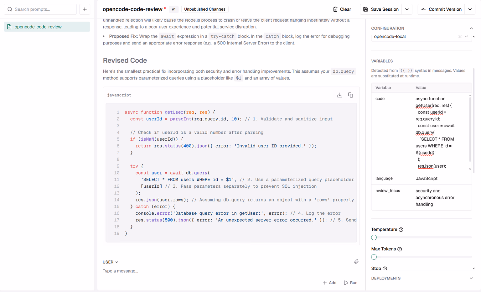 The Bifrost prompt playground running a code review prompt, with code, language and review_focus variables filled in on the right