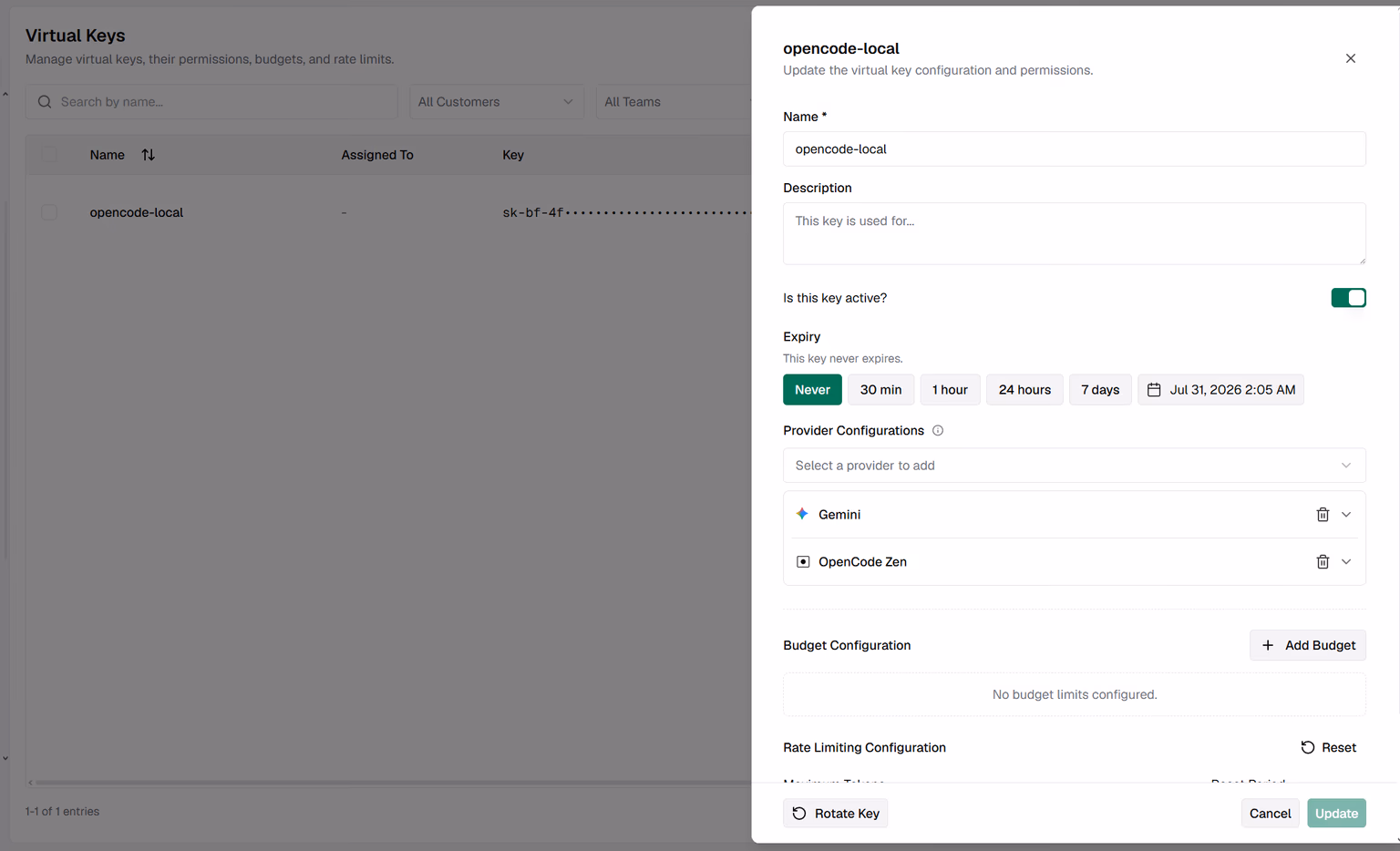 The Bifrost virtual keys dashboard, creating a key named opencode-local with Gemini and OpenCode Zen attached to it