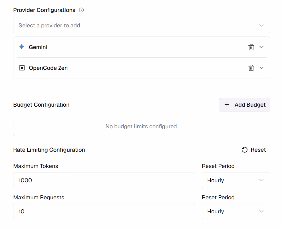 Rate limiting configuration for the virtual key, set to a maximum of 1000 tokens and 10 requests, both resetting hourly