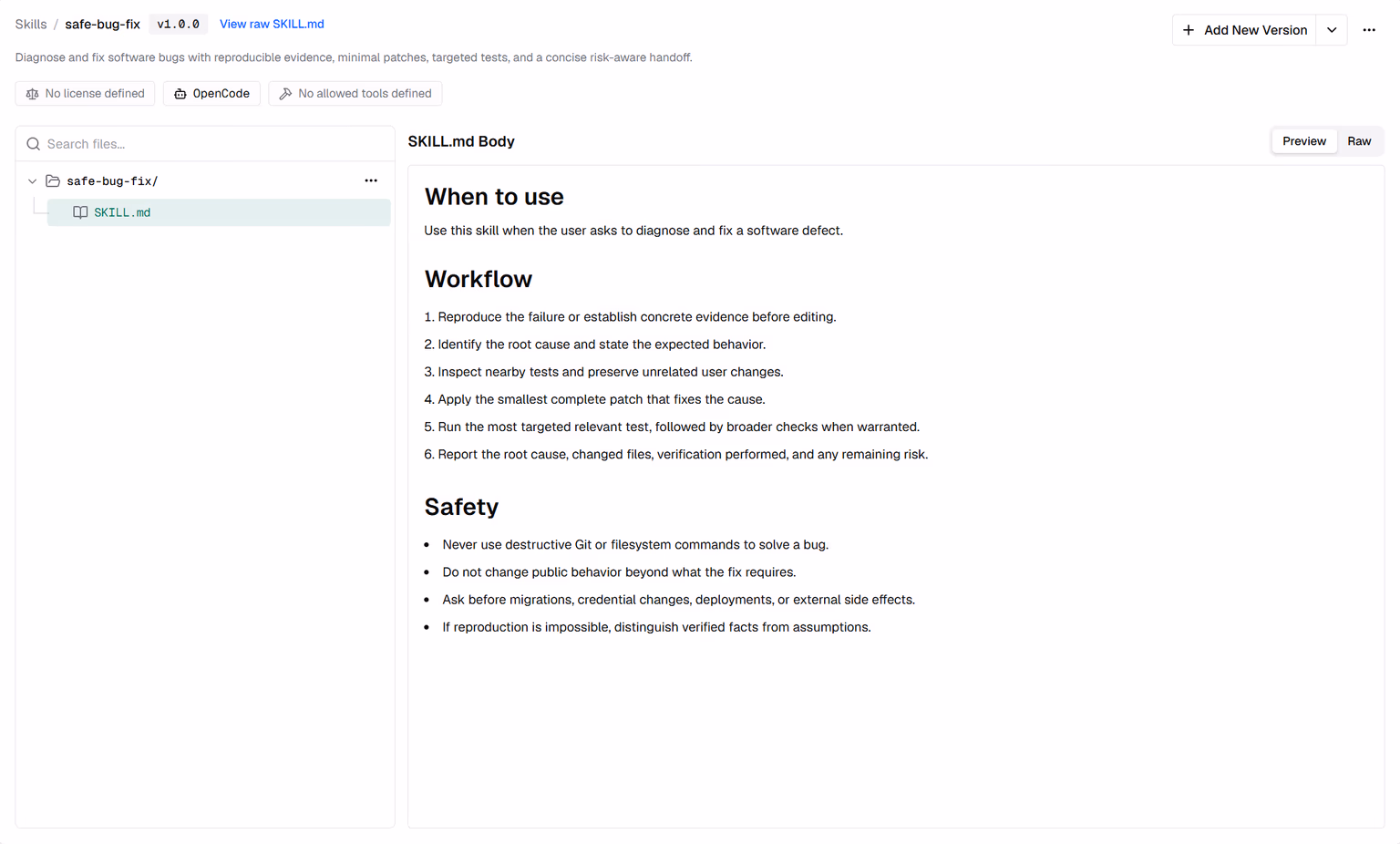 The safe-bug-fix skill in the Bifrost skills repository, showing its SKILL.md body with When to use, Workflow and Safety sections