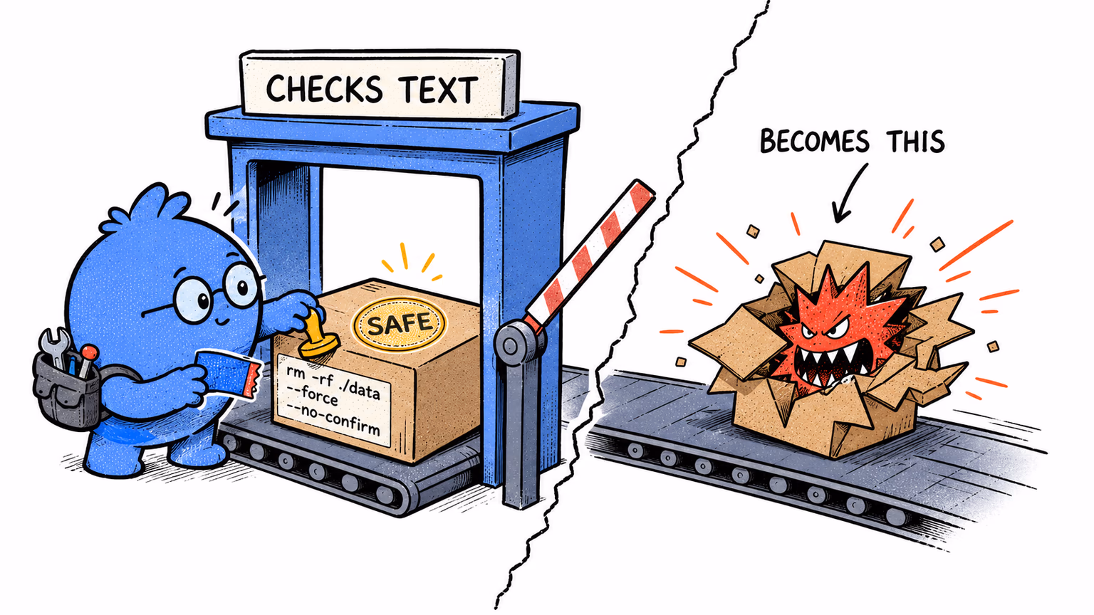 The check reads the label. It never sees what the parcel turns into.