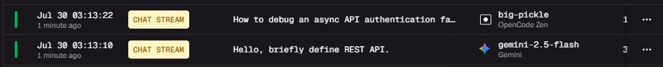 The simple query went to Gemini, the complex one to big-pickle, exactly as configured.