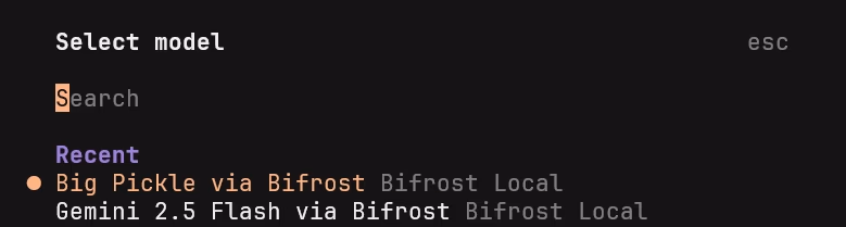 Both models now show up in OpenCode's model selector, routed through Bifrost Local.