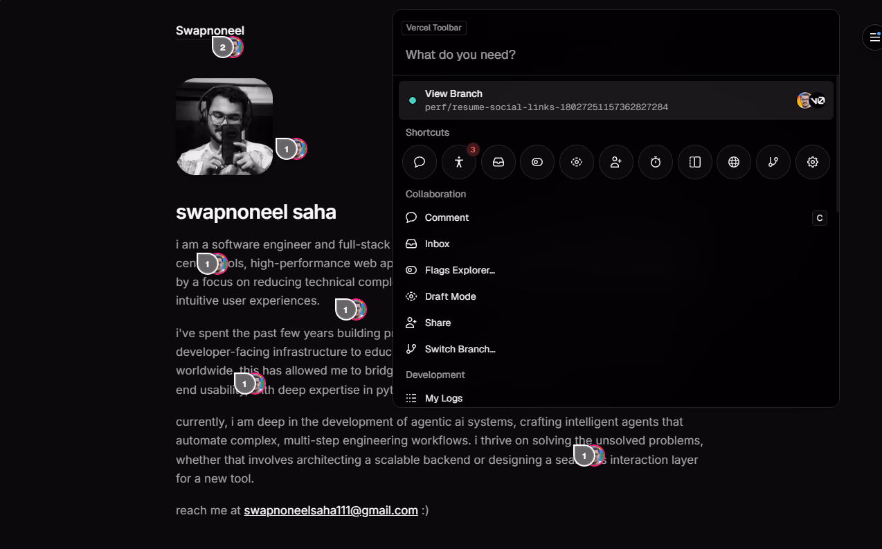 Vercel preview toolbar with comments and collaboration controls